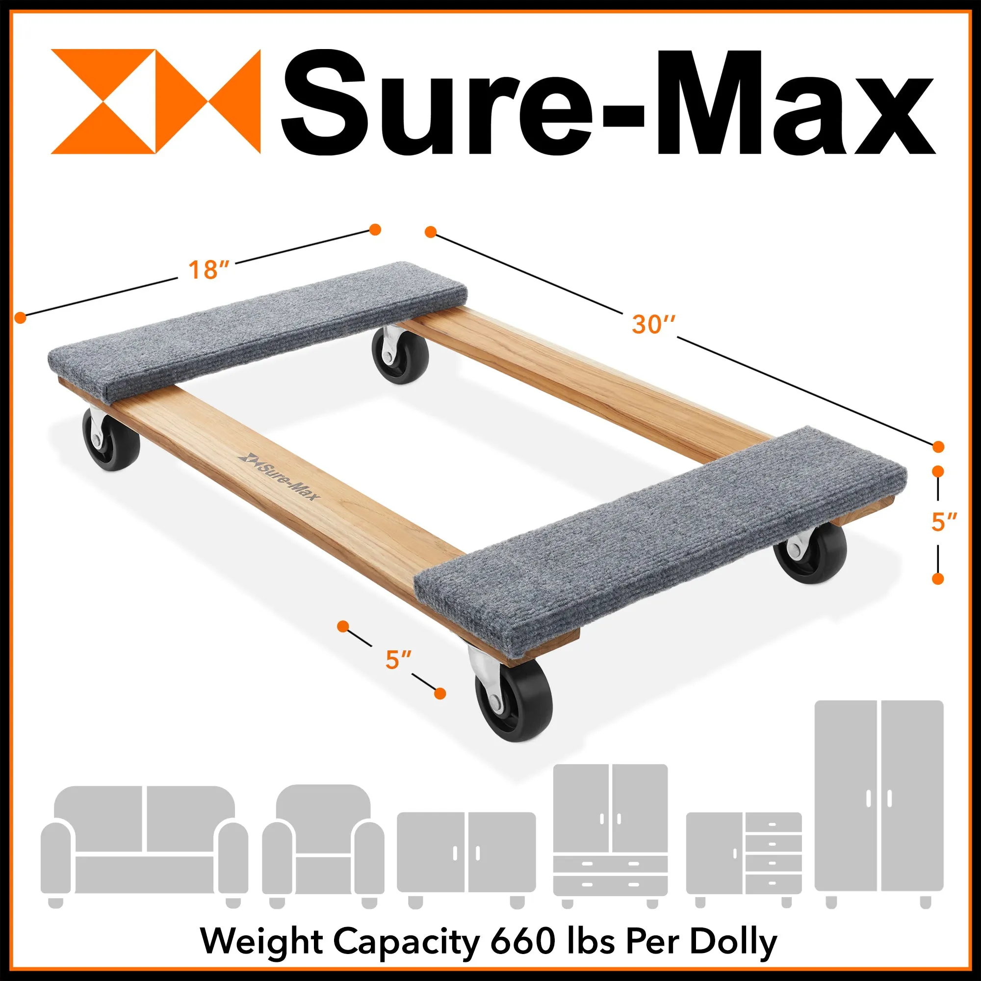 18" x 30" Furniture Moving Dolly, 2-Pack, Hardwood with Swivel Casters