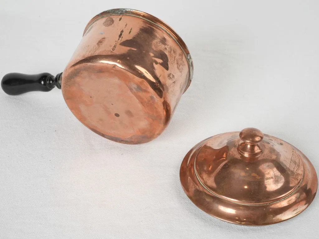 18th-century French copper saucepan/pourer w/ wooden lid & handle