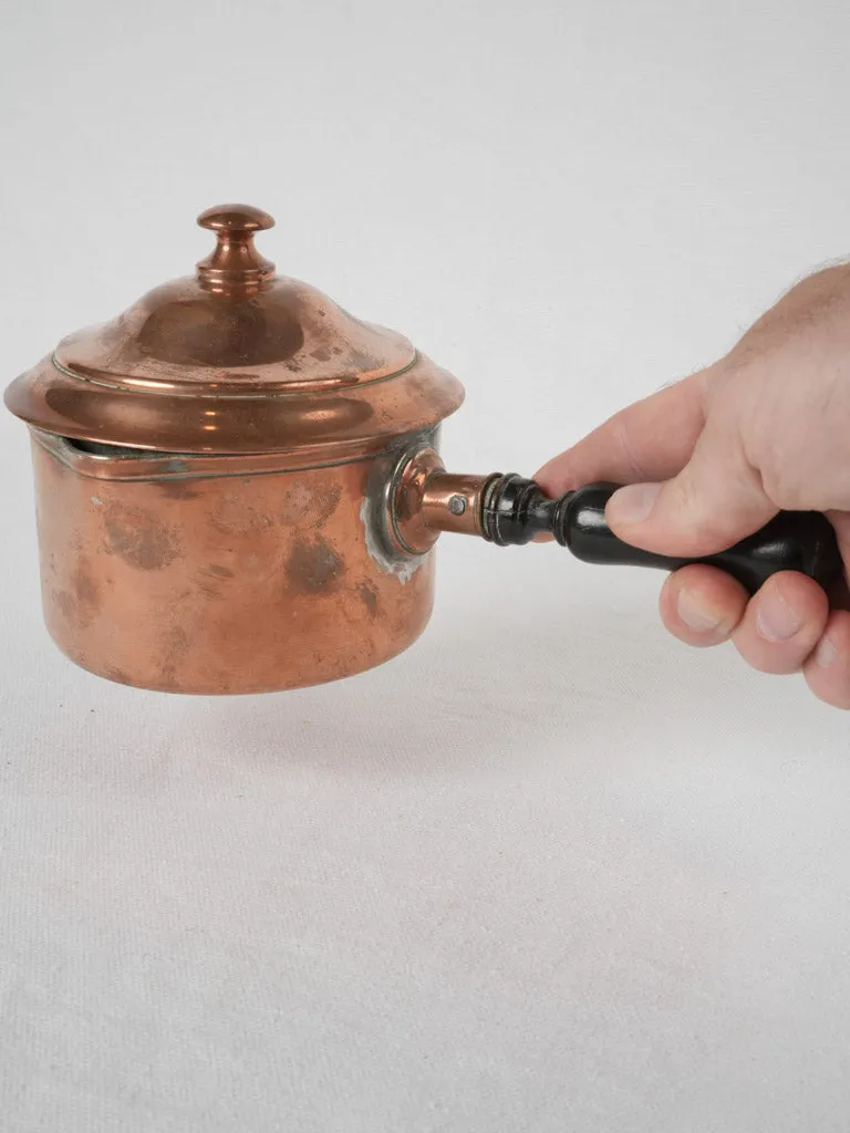 18th-century French copper saucepan/pourer w/ wooden lid & handle