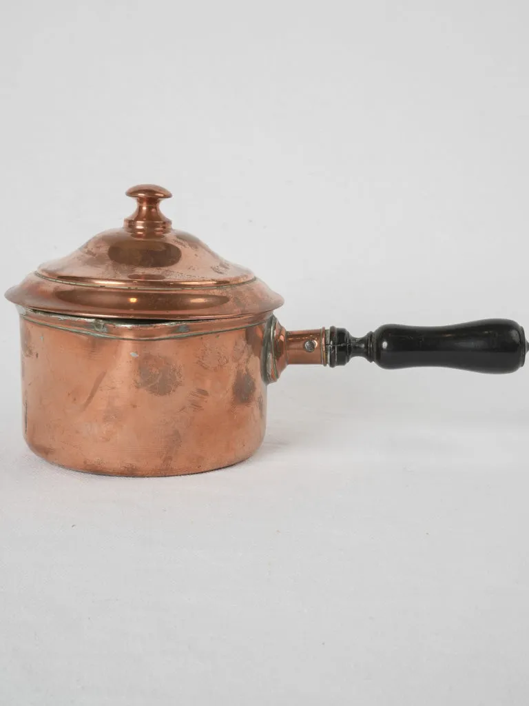 18th-century French copper saucepan/pourer w/ wooden lid & handle