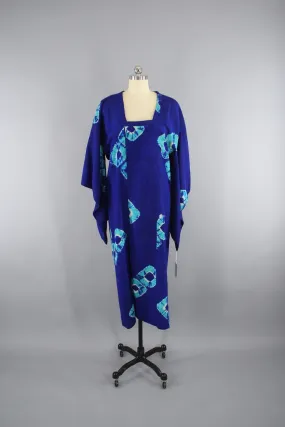 1930s Vintage Silk Kimono Coat Michiyuki in Royal Blue & Aqua Shibori Tie Dyed