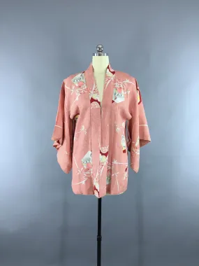 1940s Vintage Cotton Haori Kimono Cardigan Jacket with Peach Abstract Print