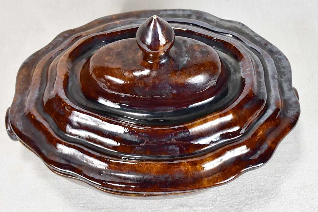 1950s vegetable tureen from Dieulefit with dark brown glaze