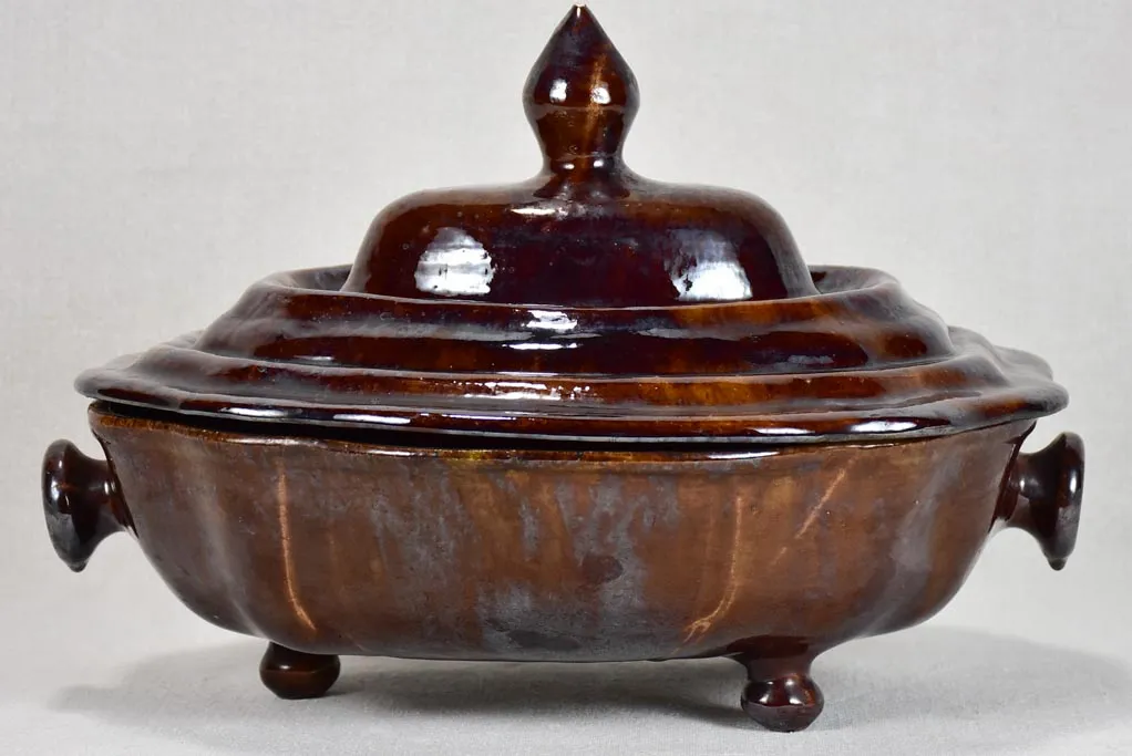 1950s vegetable tureen from Dieulefit with dark brown glaze