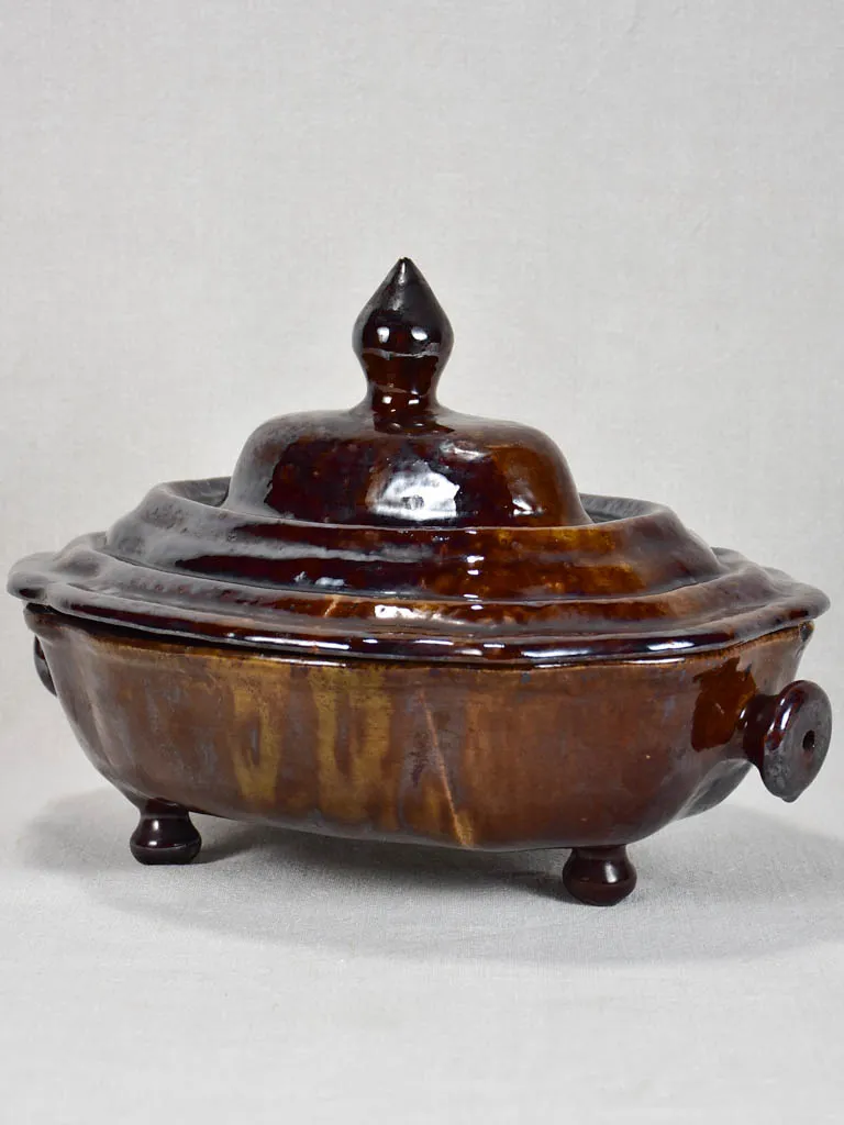 1950s vegetable tureen from Dieulefit with dark brown glaze