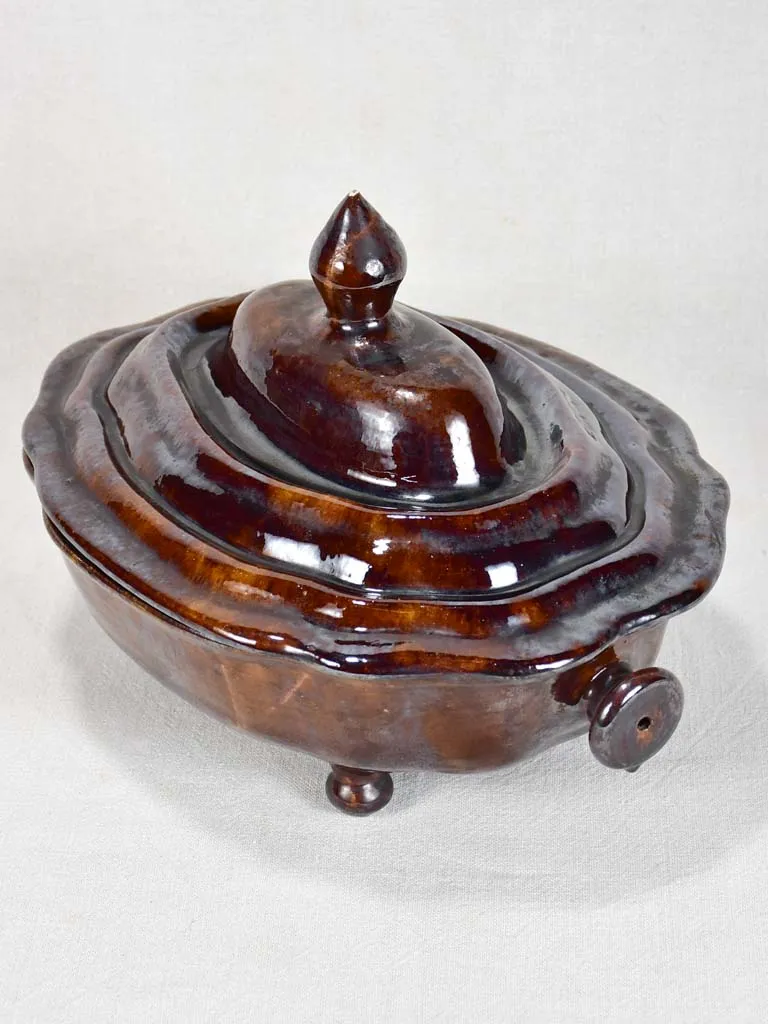 1950s vegetable tureen from Dieulefit with dark brown glaze