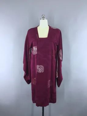 1960s Vintage Silk Michiyuki Kimono Jacket Coat with Maroon Urushi Embroidery