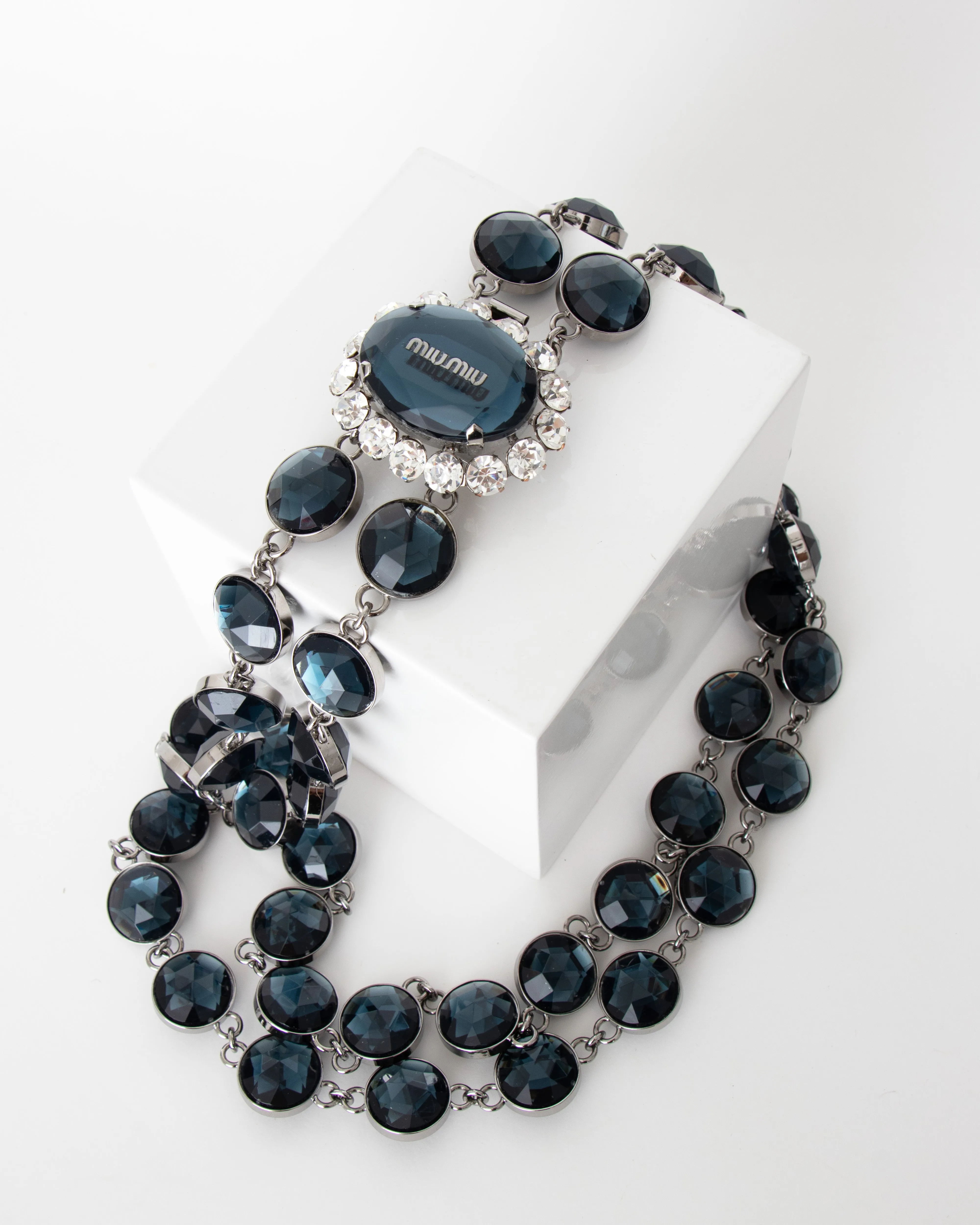 2000s Miu Miu Navy Crystal and Rhinestone Link Necklace