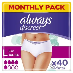 Always Discreet Incontinence Pants Large Normal x 40 Pants Size 16-22