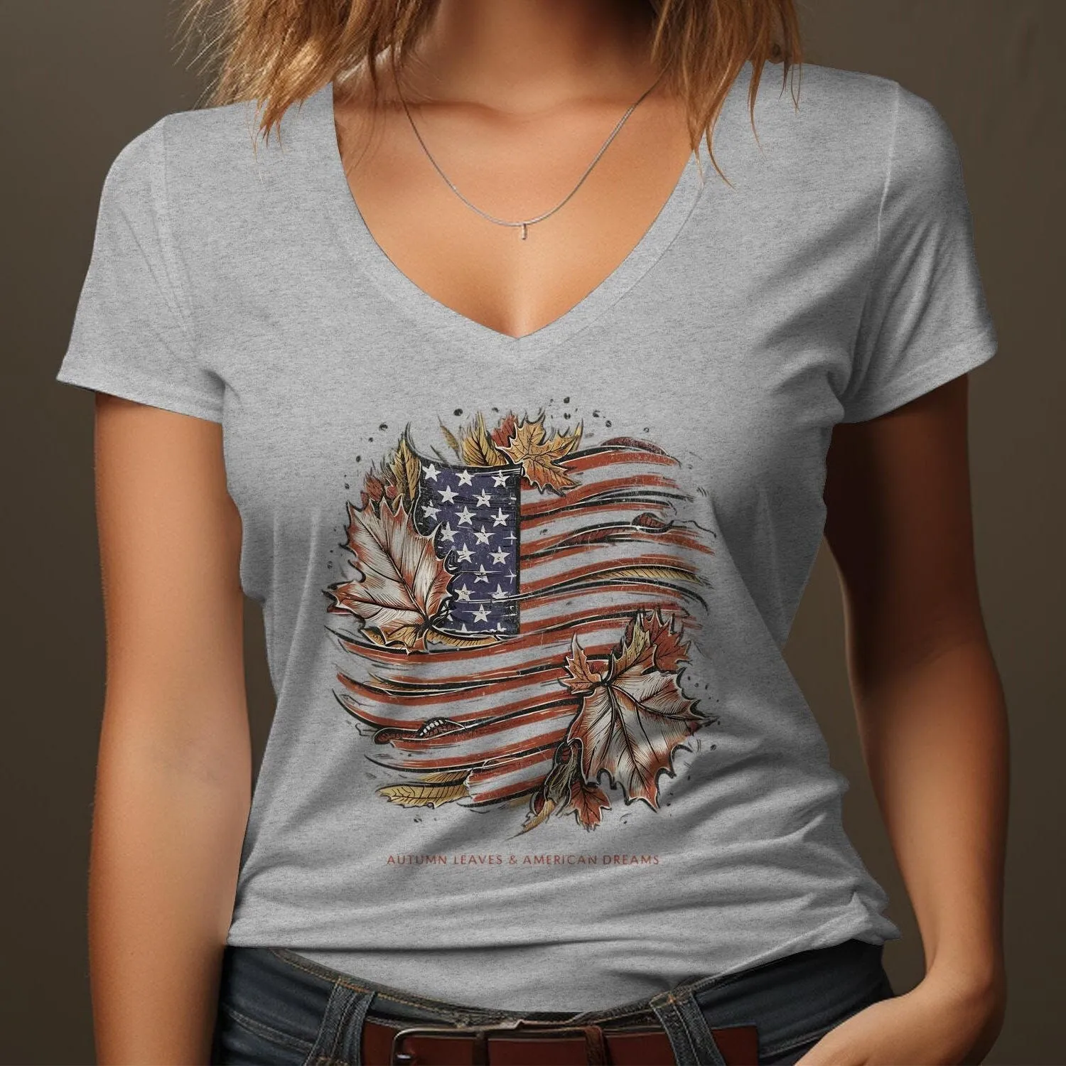 American Flag Autumn Leaves T-Shirt, Autumn Leaves And American Dreams, Patriotic Shirt, USA Casual Wear, Graphic T-Shirt