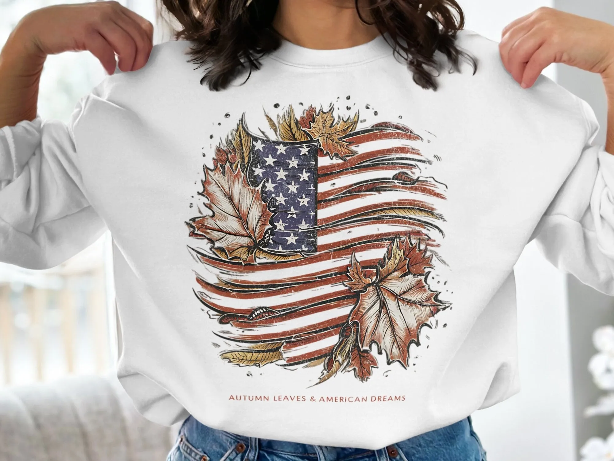 American Flag Autumn Leaves T-Shirt, Autumn Leaves And American Dreams, Patriotic Shirt, USA Casual Wear, Graphic T-Shirt