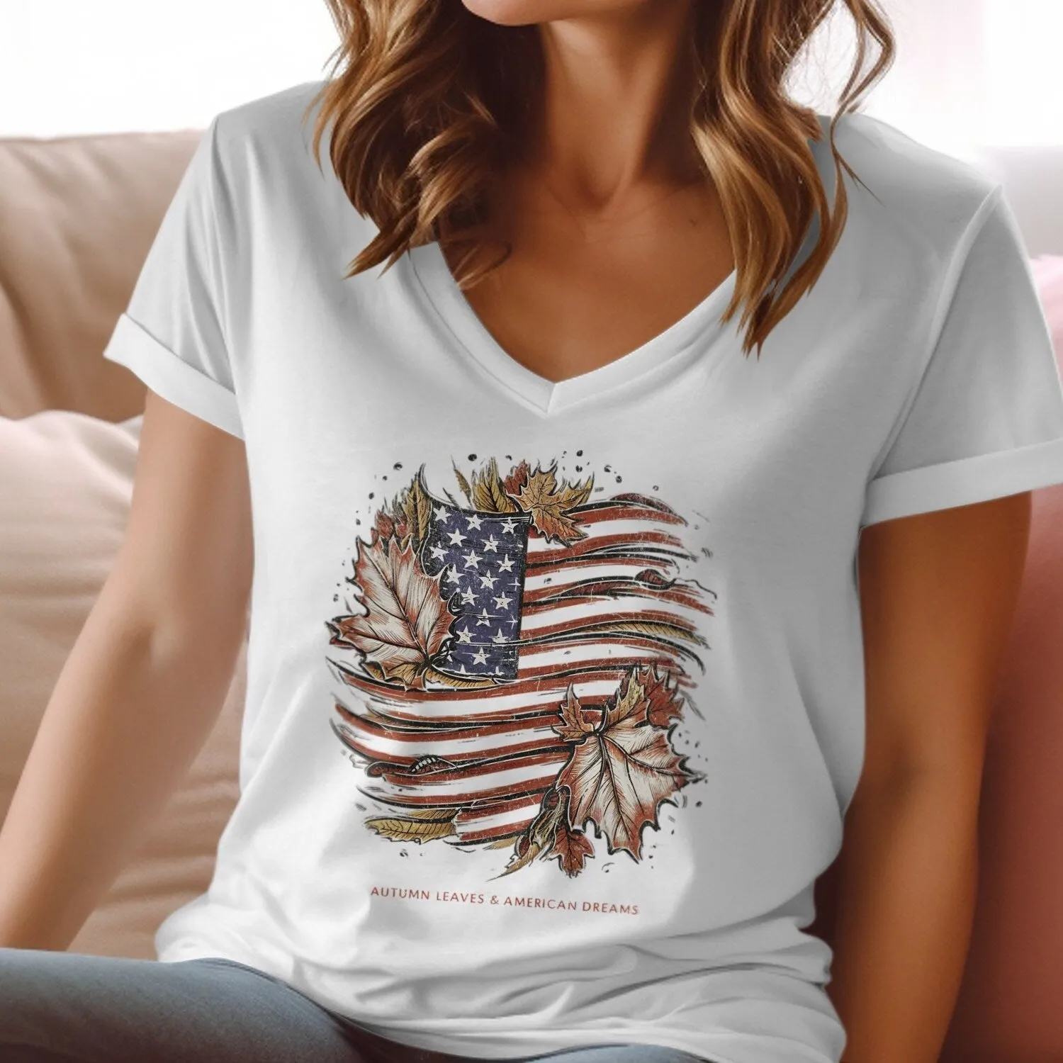 American Flag Autumn Leaves T-Shirt, Autumn Leaves And American Dreams, Patriotic Shirt, USA Casual Wear, Graphic T-Shirt