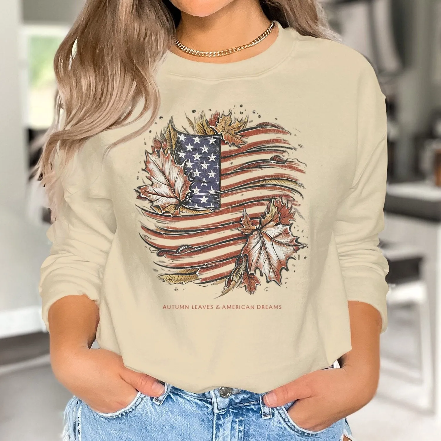 American Flag Autumn Leaves T-Shirt, Autumn Leaves And American Dreams, Patriotic Shirt, USA Casual Wear, Graphic T-Shirt