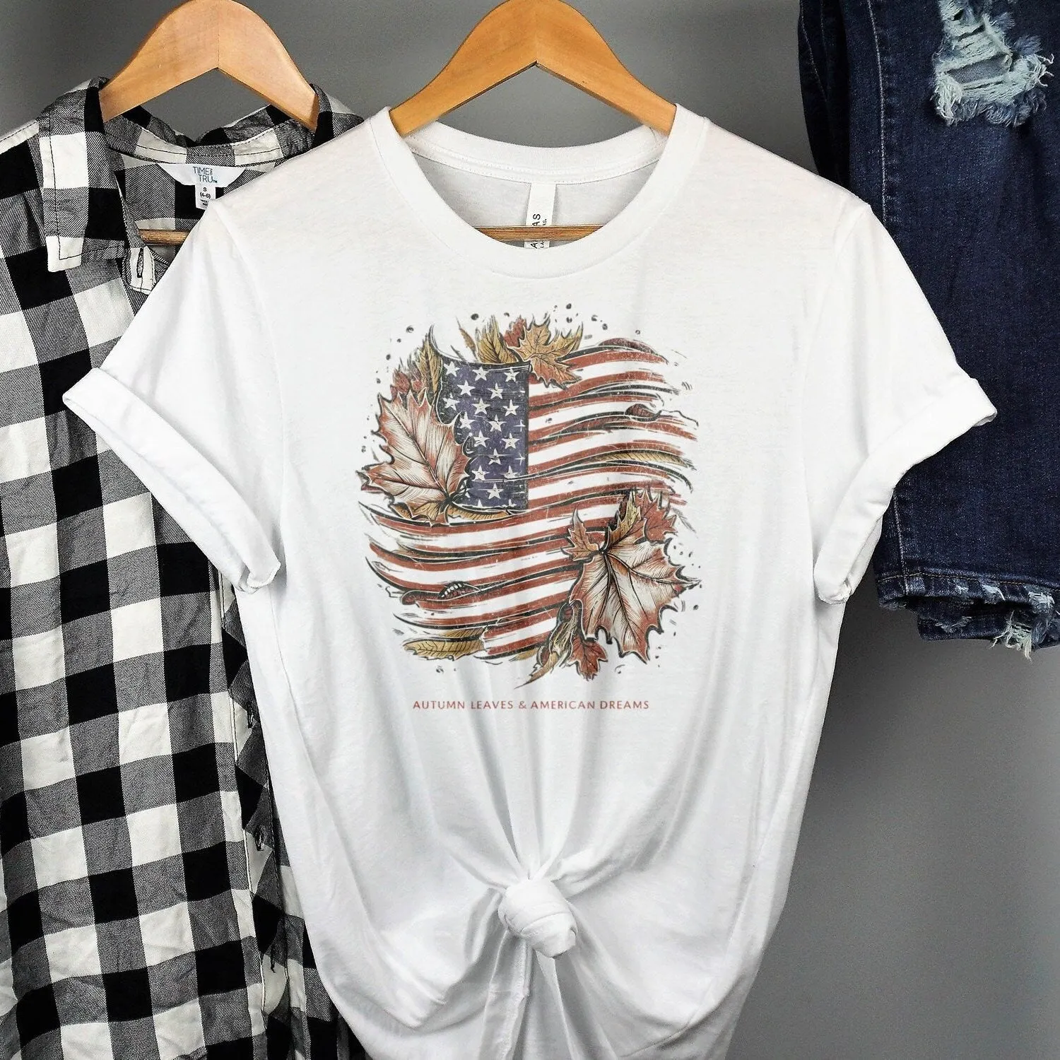 American Flag Autumn Leaves T-Shirt, Autumn Leaves And American Dreams, Patriotic Shirt, USA Casual Wear, Graphic T-Shirt