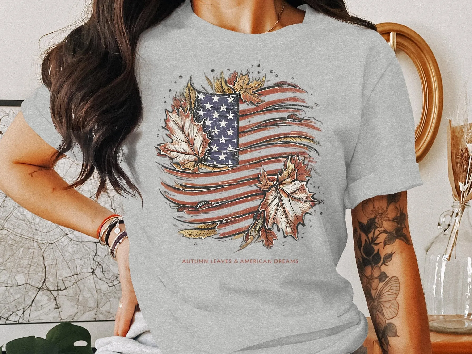 American Flag Autumn Leaves T-Shirt, Autumn Leaves And American Dreams, Patriotic Shirt, USA Casual Wear, Graphic T-Shirt