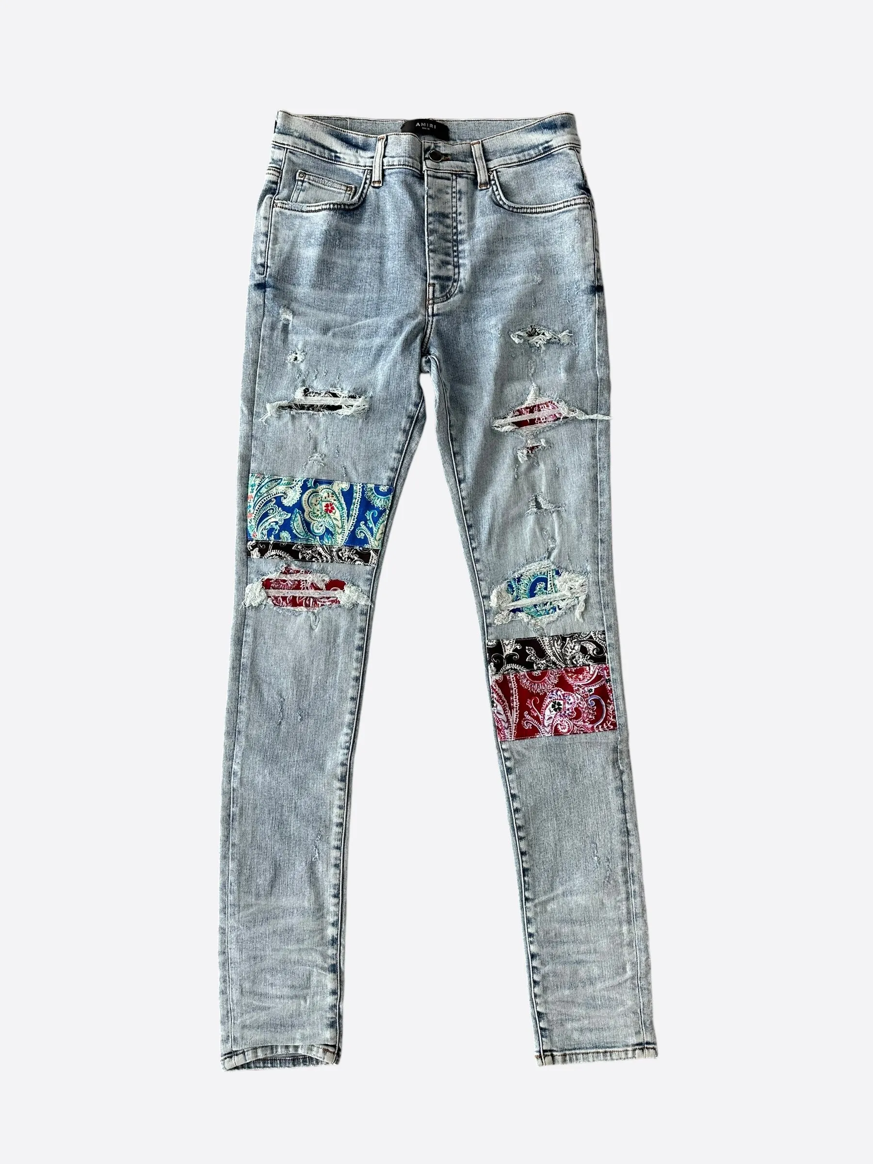 Amiri Blue Paisley Pajama Art Patch Jeans