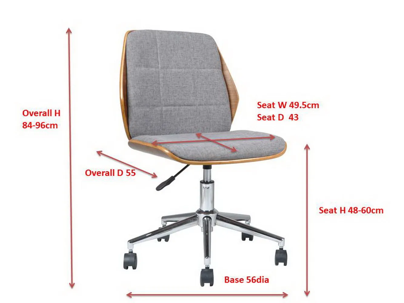 ASPECT Modern Padded Office Chair/Walnut Effect Wood, Grey Fabric Padded Seat And Chrome Base