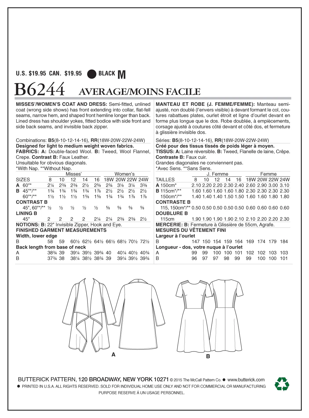 B6244 Misses'/Women's Coat and Dress