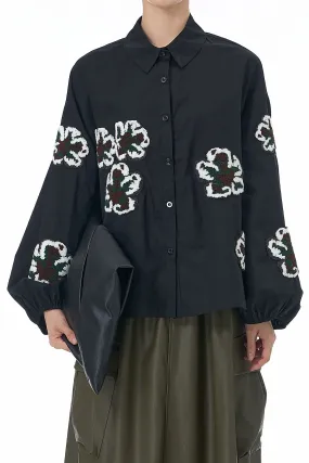 Black Cotton Shirt With Loop Pile Flowers