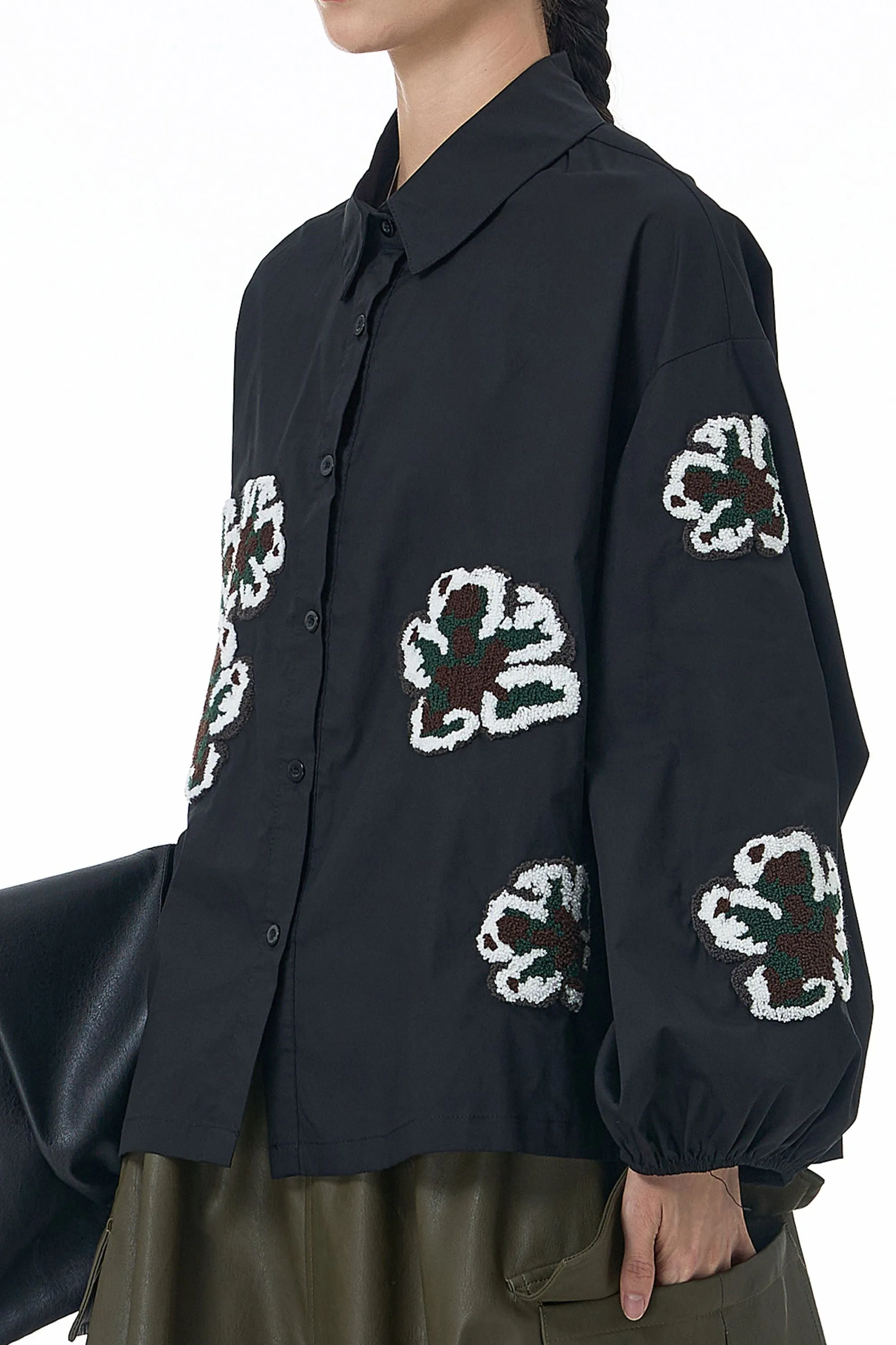 Black Cotton Shirt With Loop Pile Flowers