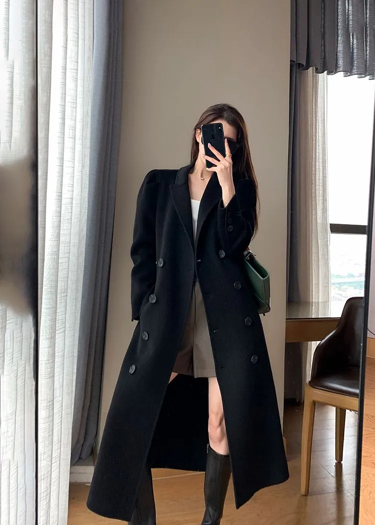 Black Double Breasted Belted Wool Blend Long Coat