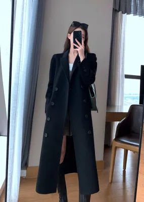 Black Double Breasted Belted Wool Blend Long Coat