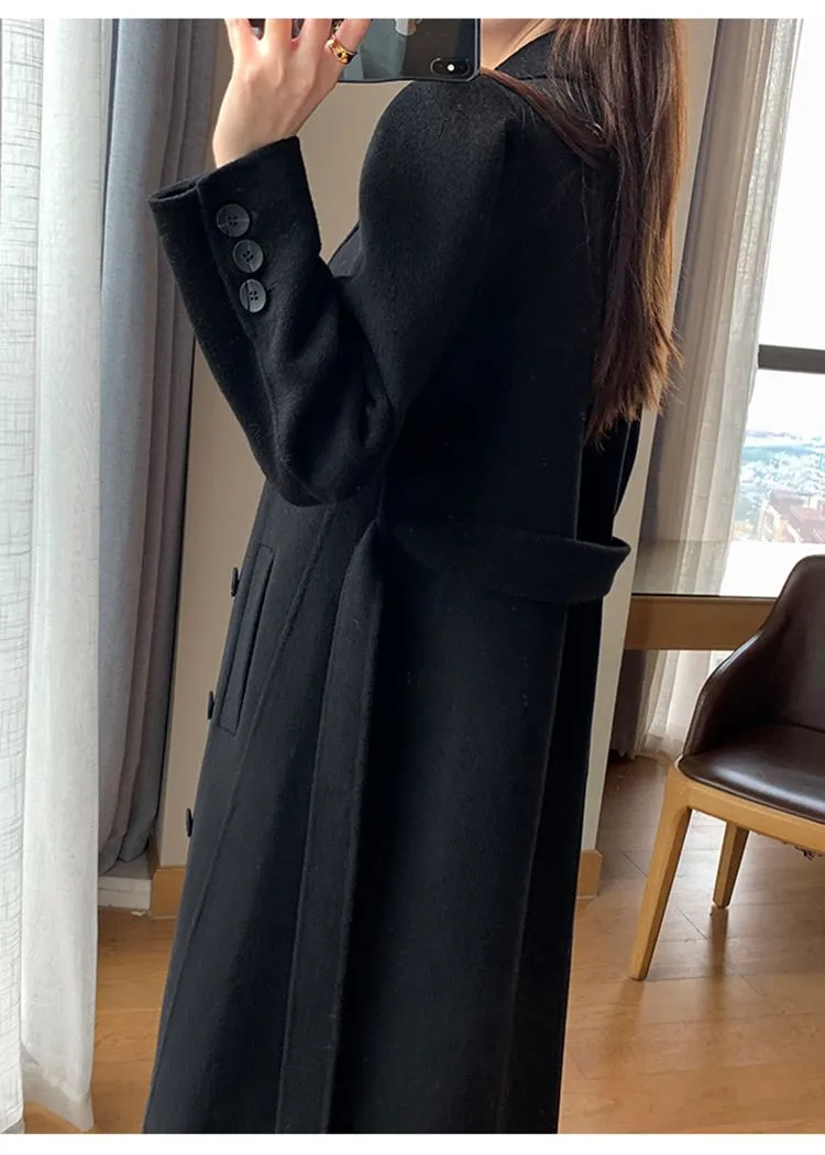 Black Double Breasted Belted Wool Blend Long Coat