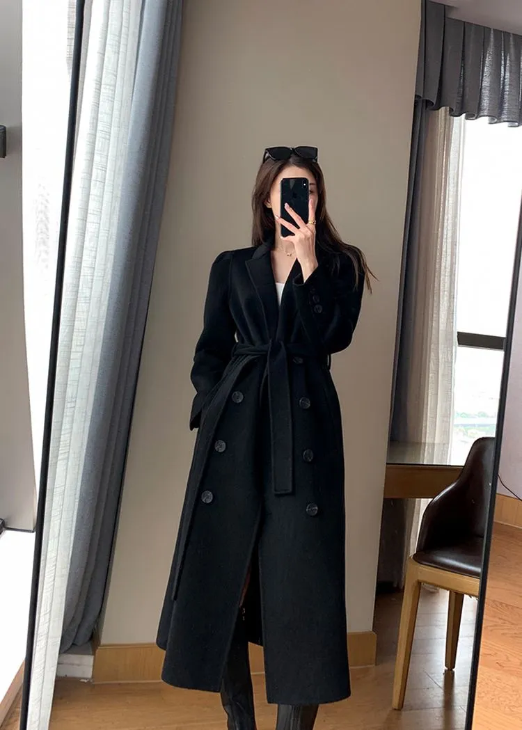 Black Double Breasted Belted Wool Blend Long Coat