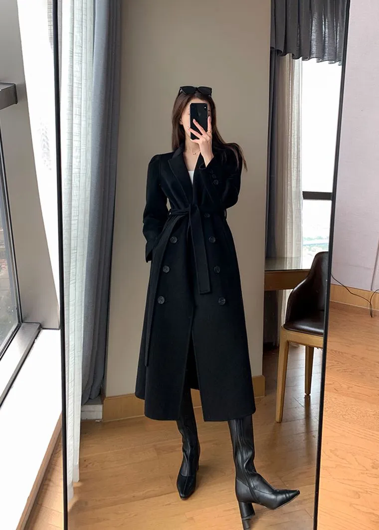 Black Double Breasted Belted Wool Blend Long Coat