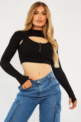 Black Double Layer High Neck Crop Top - Mahani