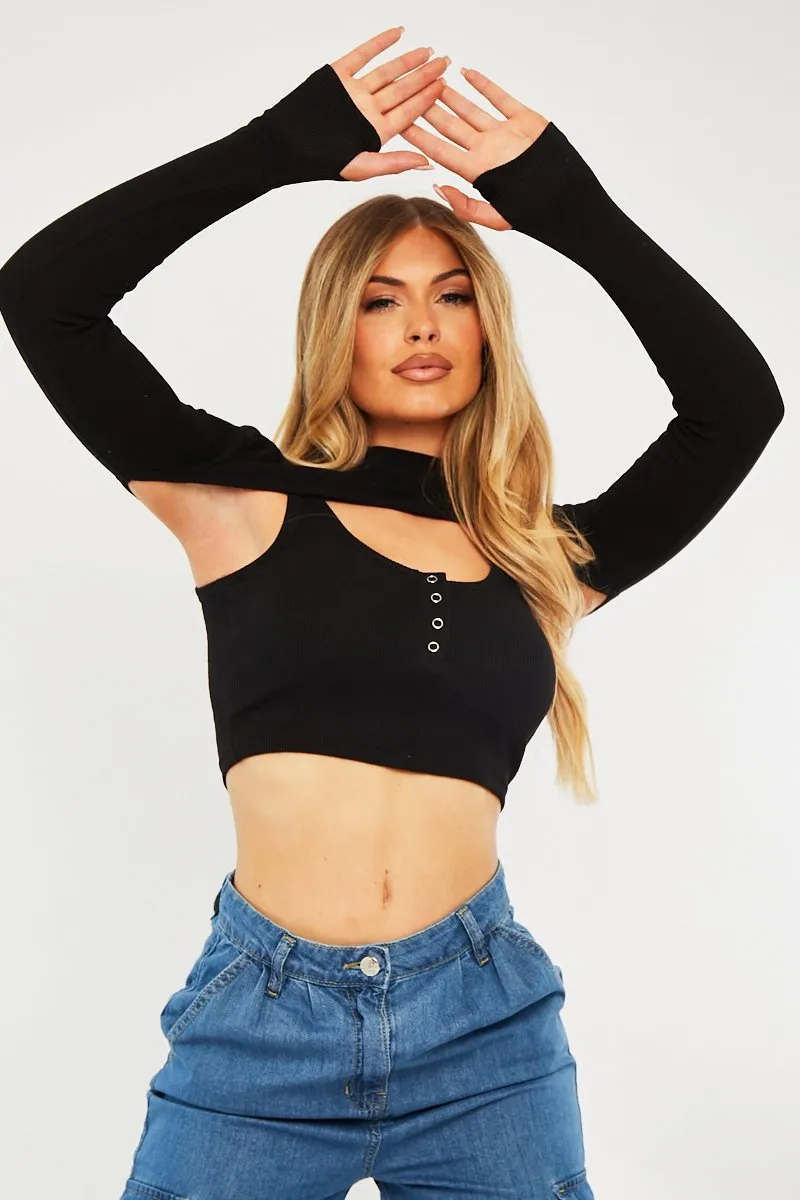 Black Double Layer High Neck Crop Top - Mahani