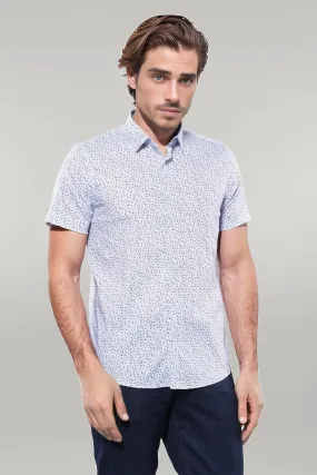 Blue Floral Patterned Short Sleeve White Men Shirt - Wessi