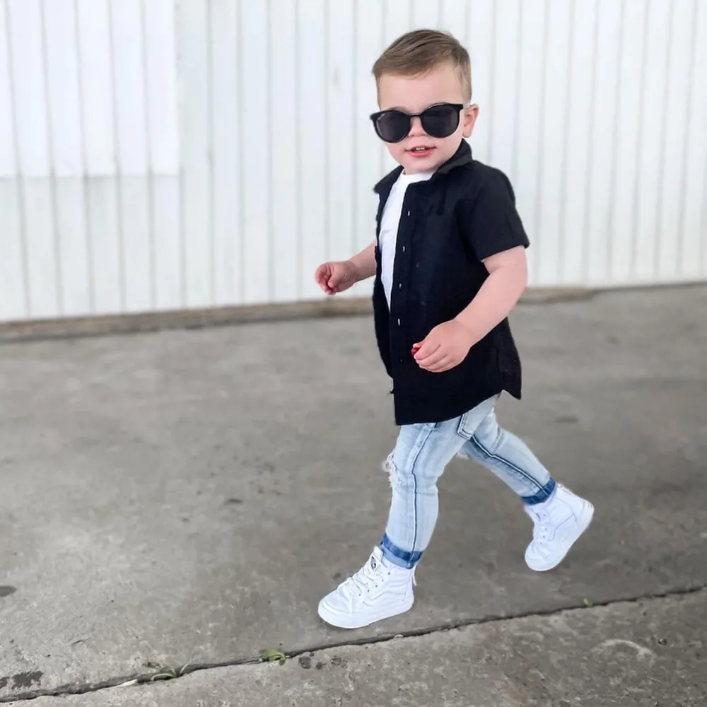 Born to Love Boy's Black Button Down Short Sleeve Shirt