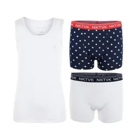 BOYS NAVY AND WHITE BOXER SET AND WHITE T-SHIRT