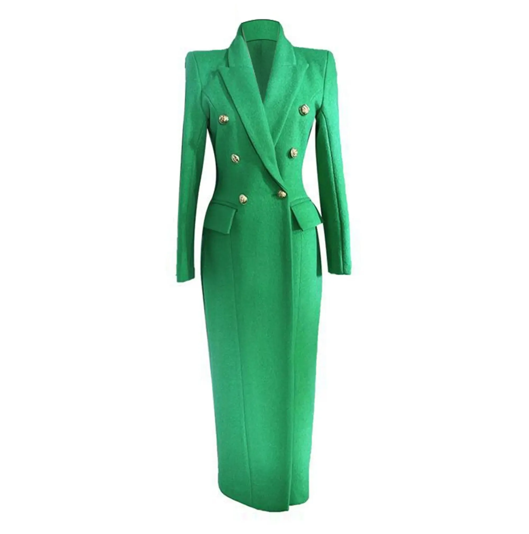 Bright Green Double Breasted Slim Wool Blend Long Coat