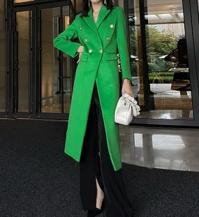 Bright Green Double Breasted Slim Wool Blend Long Coat