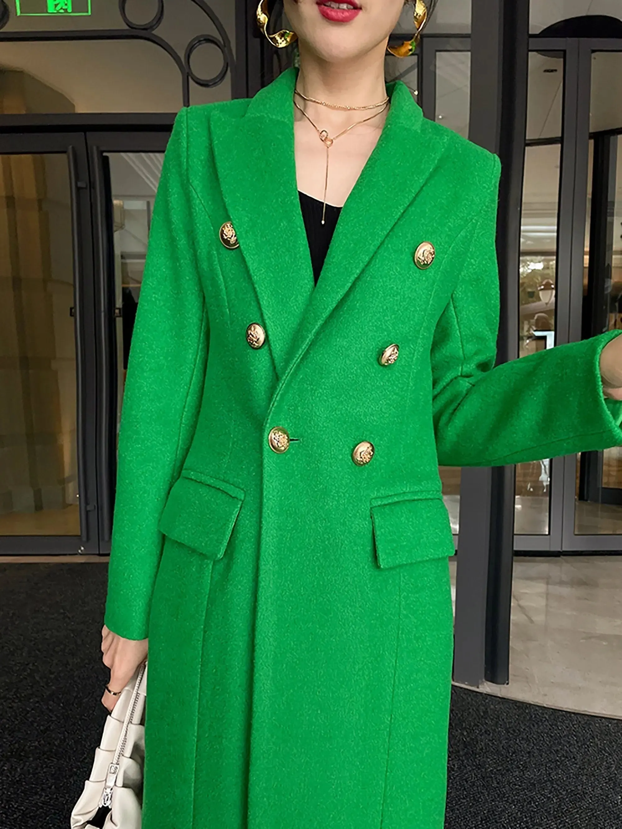 Bright Green Double Breasted Slim Wool Blend Long Coat