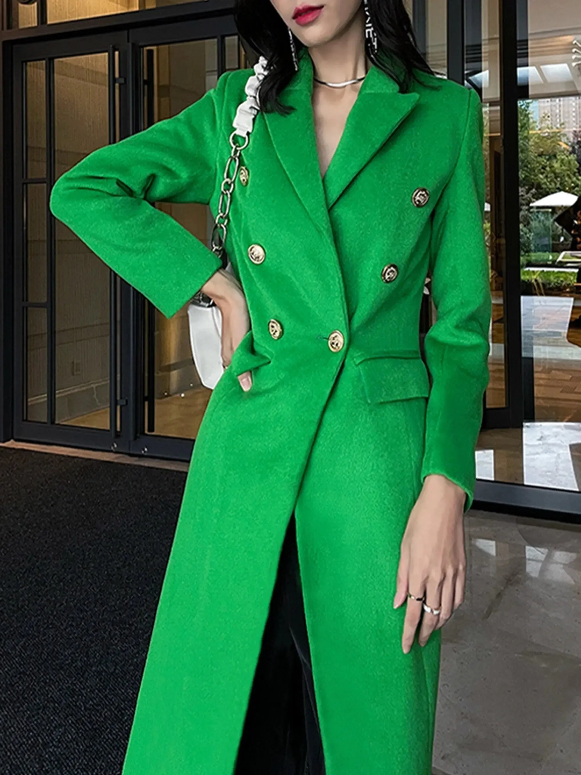 Bright Green Double Breasted Slim Wool Blend Long Coat