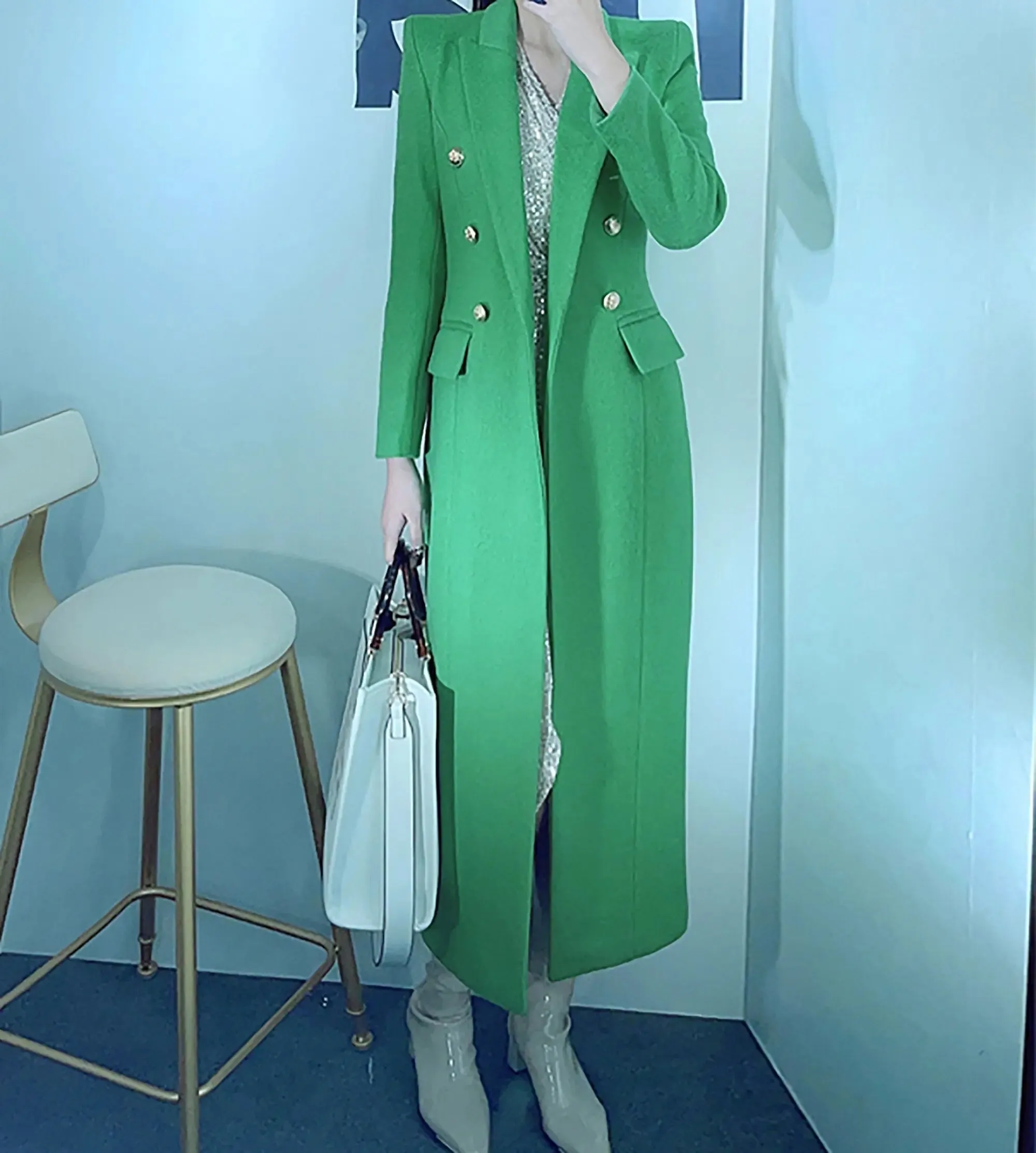 Bright Green Double Breasted Slim Wool Blend Long Coat