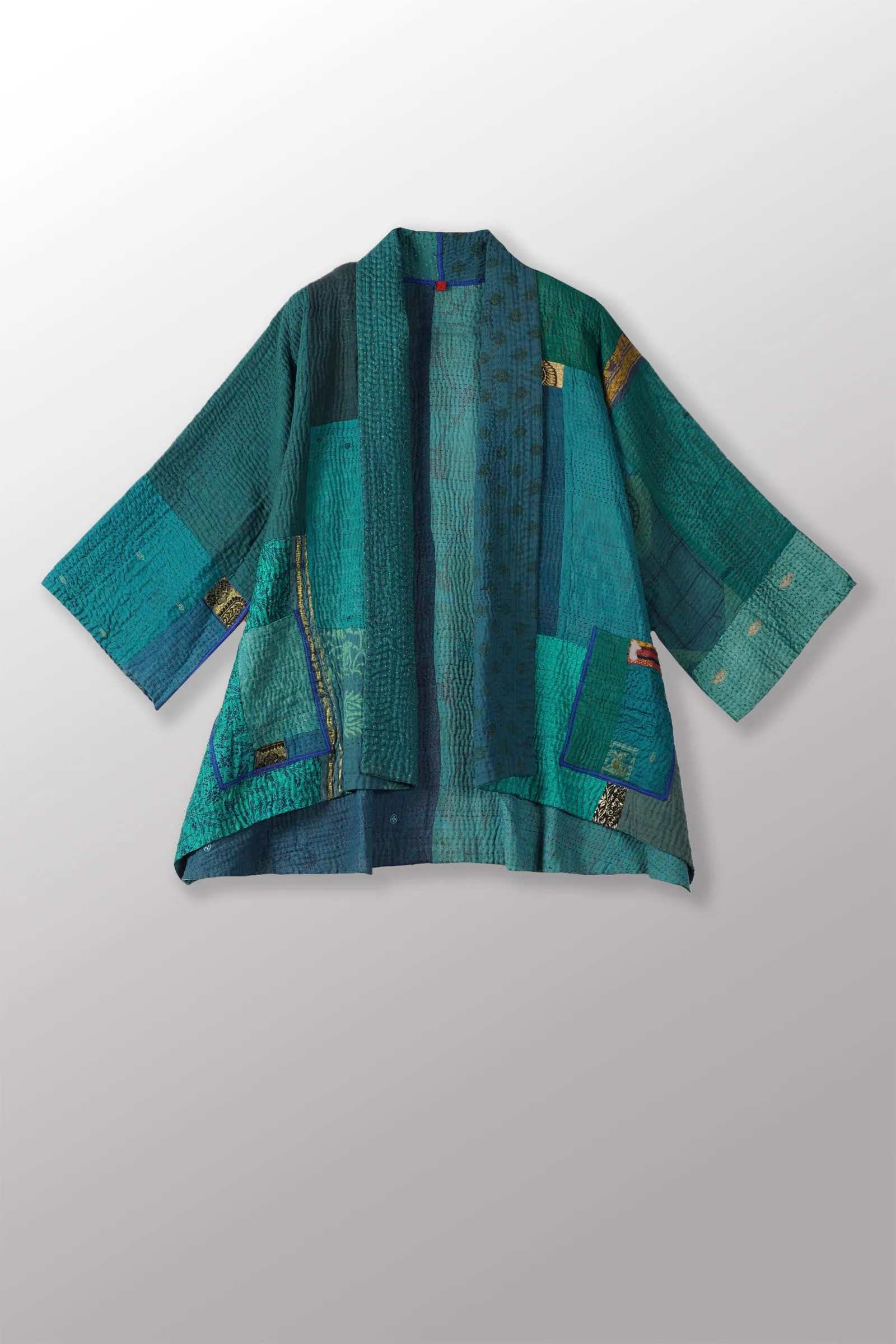 COTTON SILK SW PATCH KANTHA KIMONO JKT - ws4004-tel -