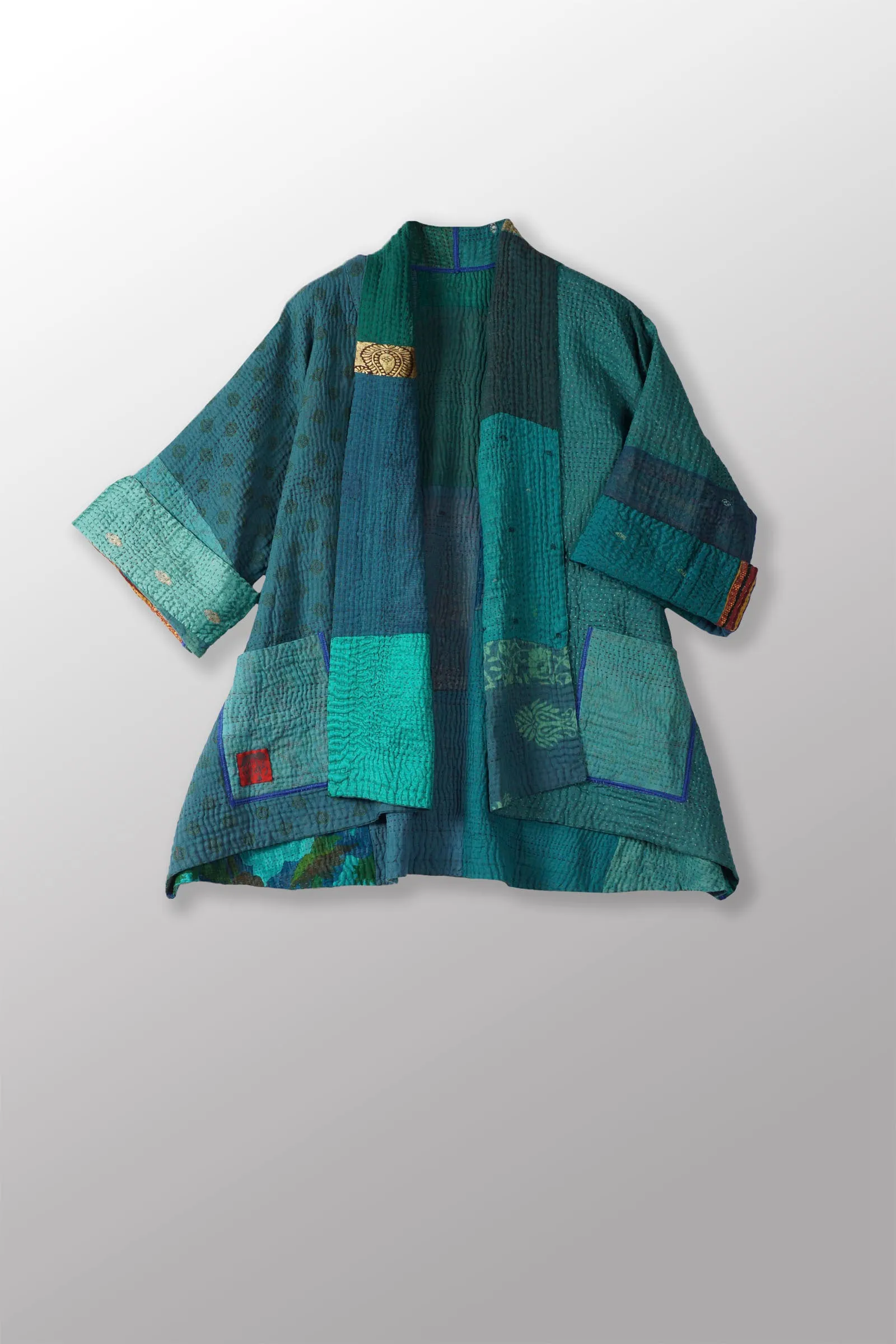 COTTON SILK SW PATCH KANTHA KIMONO JKT - ws4004-tel -