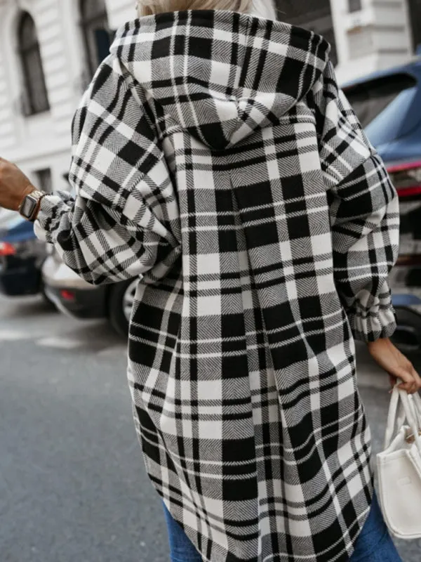 Cozy Hooded Shacket in Houndstooth Plaid