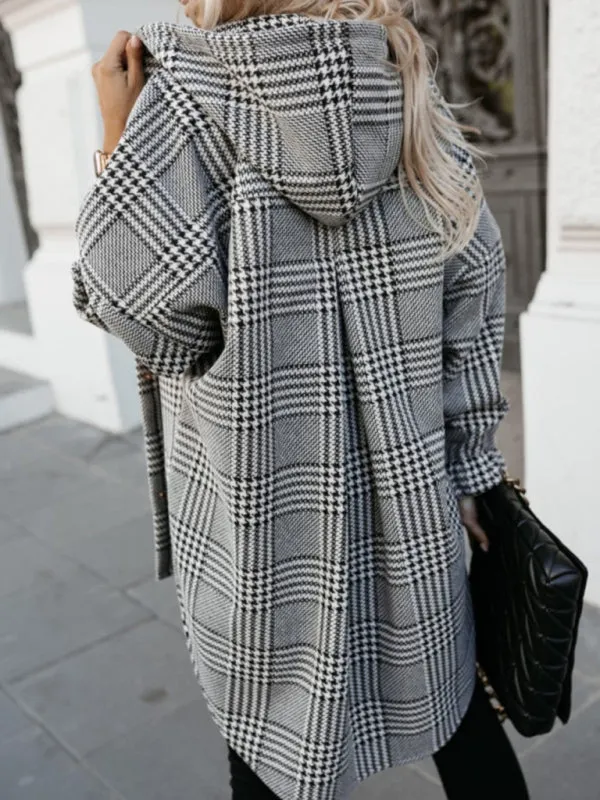 Cozy Hooded Shacket in Houndstooth Plaid