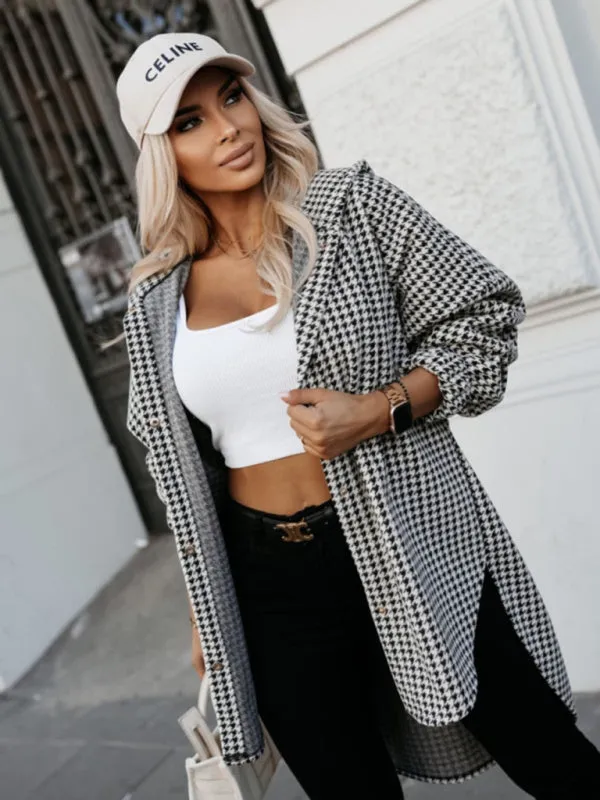 Cozy Hooded Shacket in Houndstooth Plaid