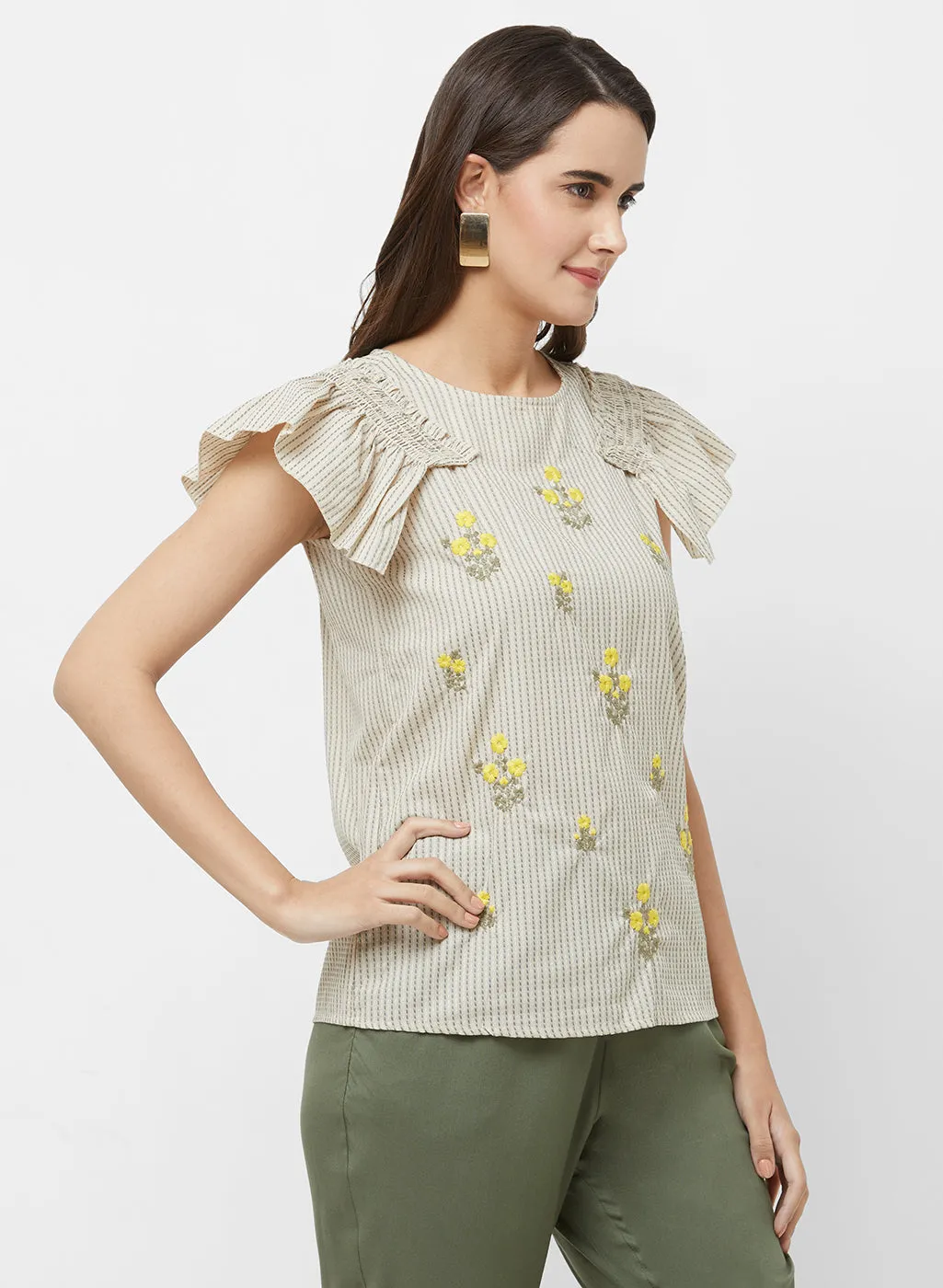 Cream Short Sleeves Embroidered Top