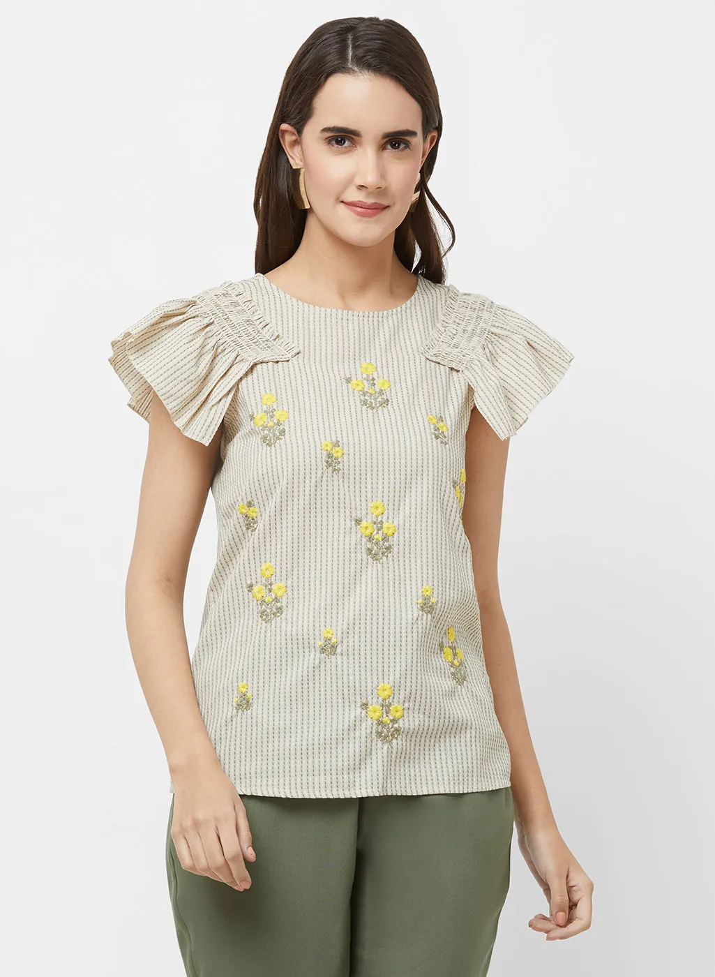 Cream Short Sleeves Embroidered Top