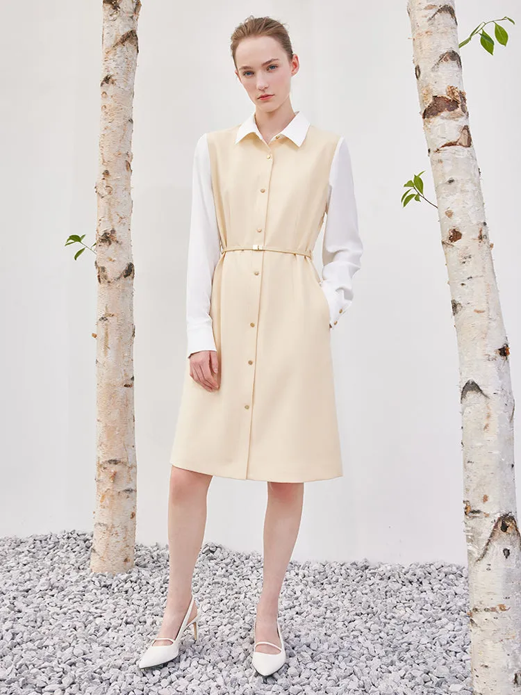 Cream Yellow Double-Layer Patchwork Midi Dress