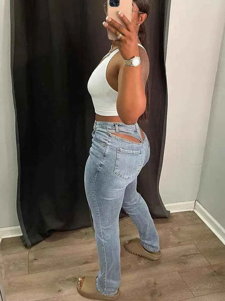 Cut Out Pencil Jeans For Women