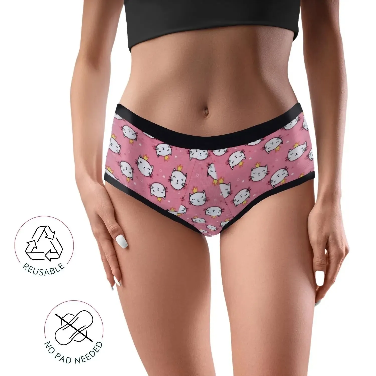 D'chica Eco-Friendly Anti-Microbial Lining Period Panties No Pad Required, Grey & Kitty Print Pack-of-2