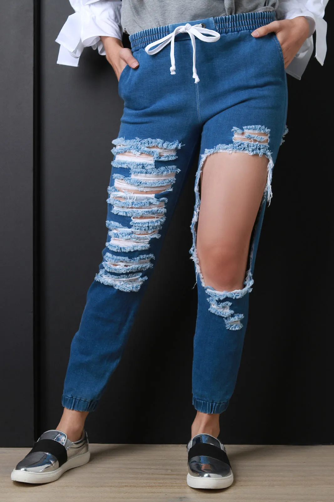 Distressed Chambray Mid Rise Jogger Pants